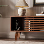 Furniway Mid Century Living Room Table Set of 4, Coffee Table, TV Stand and 2 End Tables with Sliding Door Storage, Walnut