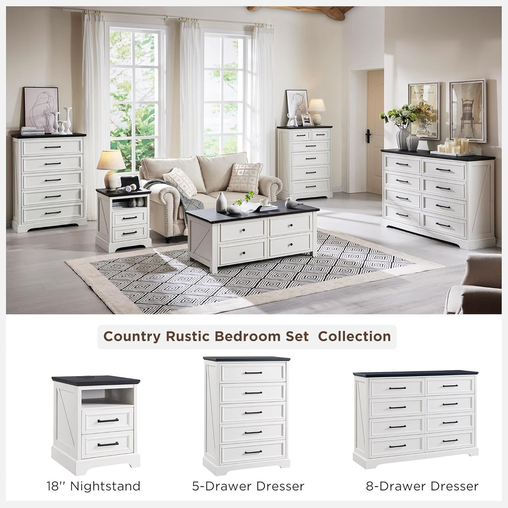 ACCOHOHO 18" Farmhouse Nightstand Set of 2 with Charging Station,End Table with 2 Drawers Storage,Side Table,Bedside Cabinet for Bedroom,Living Room, Antique White