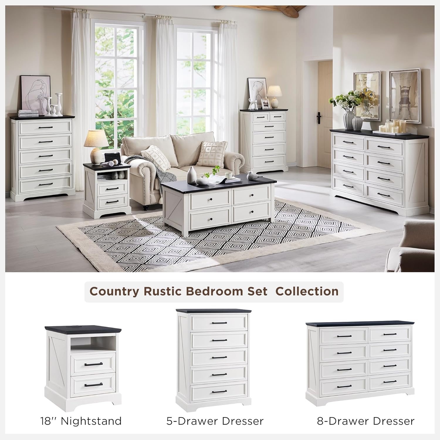 ACCOHOHO 18" Farmhouse Nightstand Set of 2 with Charging Station,End Table with 2 Drawers Storage,Side Table,Bedside Cabinet for Bedroom,Living Room, Antique White