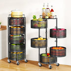 SAYZH 5 Tier Fruit Vegetable Basket Stand for Kitchen, Rotating, Black | Rolling Storage Cart with top lid, Large Metal Wire Rack for Potato and Onion Storage