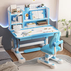 Kids Desk and Chair Set, 46" Study Desk with Bookstand & Storage | Adjustable Height Ergonomic Student Desk with Posture Corrector, Footrest for Children's Room (Pink, Blue) (Blue)