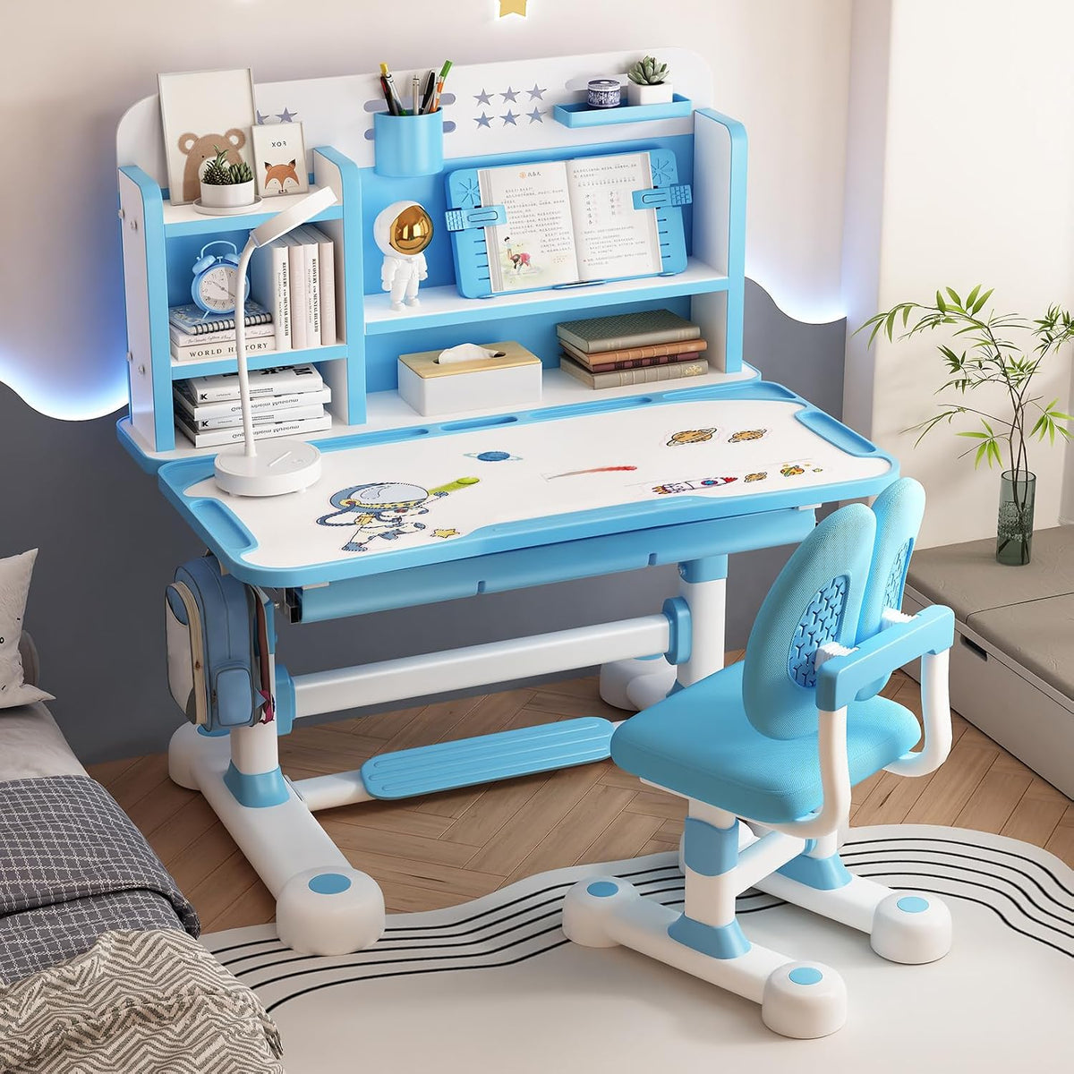 Kids Desk and Chair Set, 46" Study Desk with Bookstand & Storage | Adjustable Height Ergonomic Student Desk with Posture Corrector, Footrest for Children's Room (Pink, Blue) (Blue)