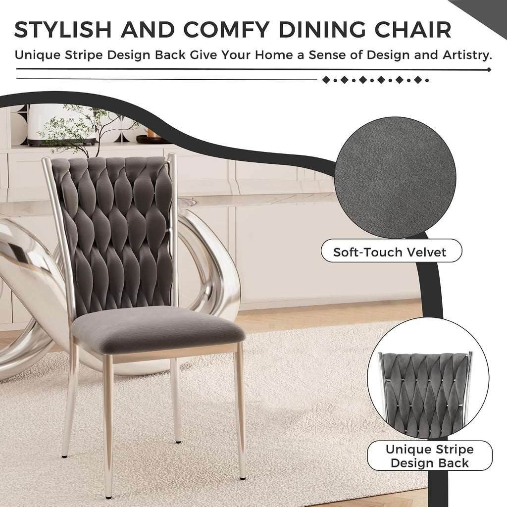 Velvet Dining Chairs Set of 6, Modern Upholstered Kitchen Chairs with Silver Metal Legs, Woven Velvet Fabric and High Back, Dirt Resistance, Easy to Assemble, for Home, Living Room - Dark Grey