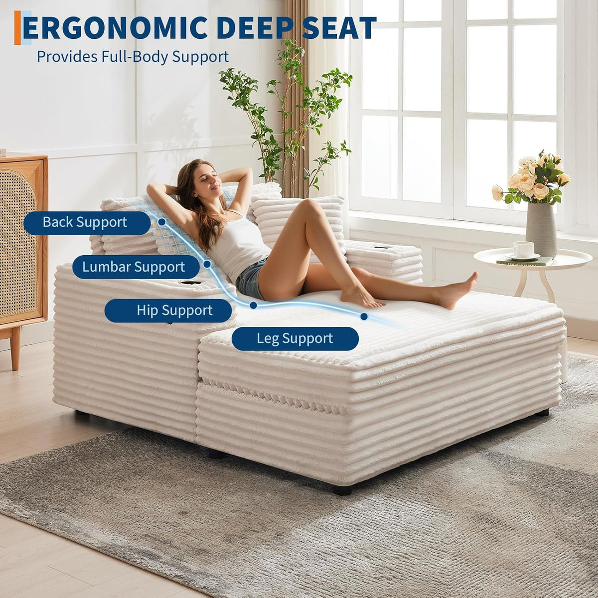 GarveeHome 60-inchOversized Chaise Lounge Chair Indoor, Comfy Corduroy Lounge Sofa with Charging Station, Cup Holders & Throw Pillows, Cozy Sleeper Couch for Living Room Apartments, Beige