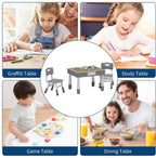 4-in-1 Kids Activity Table & Chair Set,Double-Sided Reversible Tabletop with Building Block Base & Graffiti Drawing Board,2 Adjustable Toddler Chairs,Multi-Purpose Activity Desk for Reading,Drawing