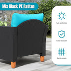 Tangkula 3 Pieces Patio Porch Furniture Set, PE Rattan Wicker Chair Conversation Set with Cushions and Storage Table, Outdoor Acacia Wood Bistro Set for Garden, Poolside (Turquoise)
