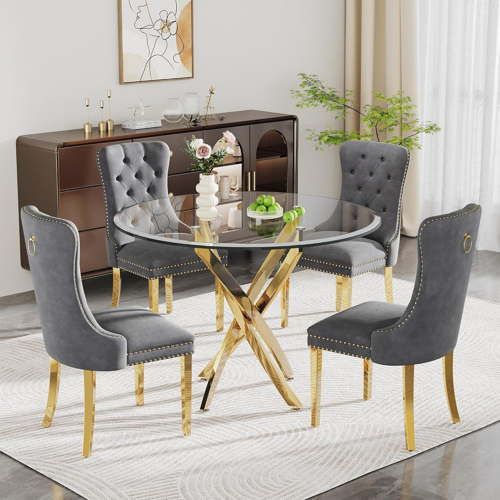 Glass Dining Table Set for 4, 5-Piece Round Tempered Glass Kitchen Table Set with 4 Velvet Upholstered Dining Chairs for Living Room, Kitchen, Small Apartment (Gold,Gray)