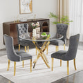 Glass Dining Table Set for 4, 5-Piece Round Tempered Glass Kitchen Table Set with 4 Velvet Upholstered Dining Chairs for Living Room, Kitchen, Small Apartment (Gold,Gray)