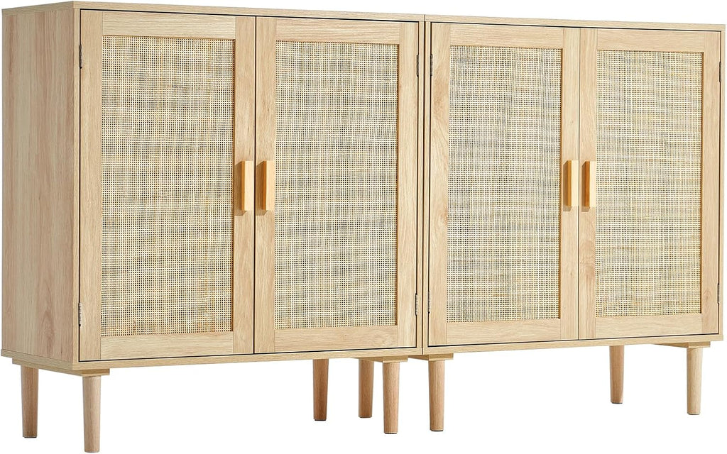 VEVOR Rattan Buffet Cabinet with Storage, 4 Magnetic Doors and Adjustable Shelves, Sideboard for Hallway, Living Room, Kitchen, Natural