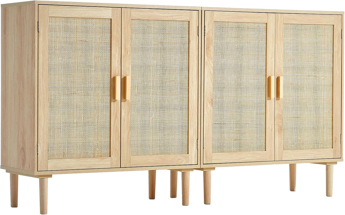 VEVOR Rattan Buffet Cabinet with Storage, 4 Magnetic Doors and Adjustable Shelves, Sideboard for Hallway, Living Room, Kitchen, Natural