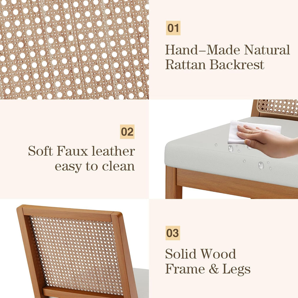 Andeworld Farmhouse Natural Rattan Dining Chairs Set of 6, Upholstered Mid Century Modern Kitchen Dining Room Side Chairs, Armless Faux Leather Kitchen Chairs with Wood Frame, Beige