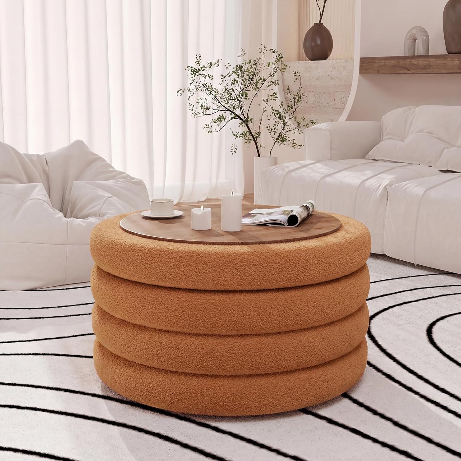 FiveWillowise 30 Inch Round Ottoman with Storage,Large Sherpa Coffee Table | Modern Ottomans with Removable Lid Tray,Multi-Functional,Cozy Foot Rest for Couch,Living Room,Bedroom,Makeup Room,Brown