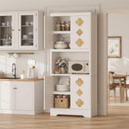 IDEALHOUSE Mid Century Modern Kitchen Pantry Cabinet, 72" Tall Storage Cabinet with Microwave Shelf, Wooden Freestand Cupboard with Carved Flower Door & Crystal Handle, for Dining Room