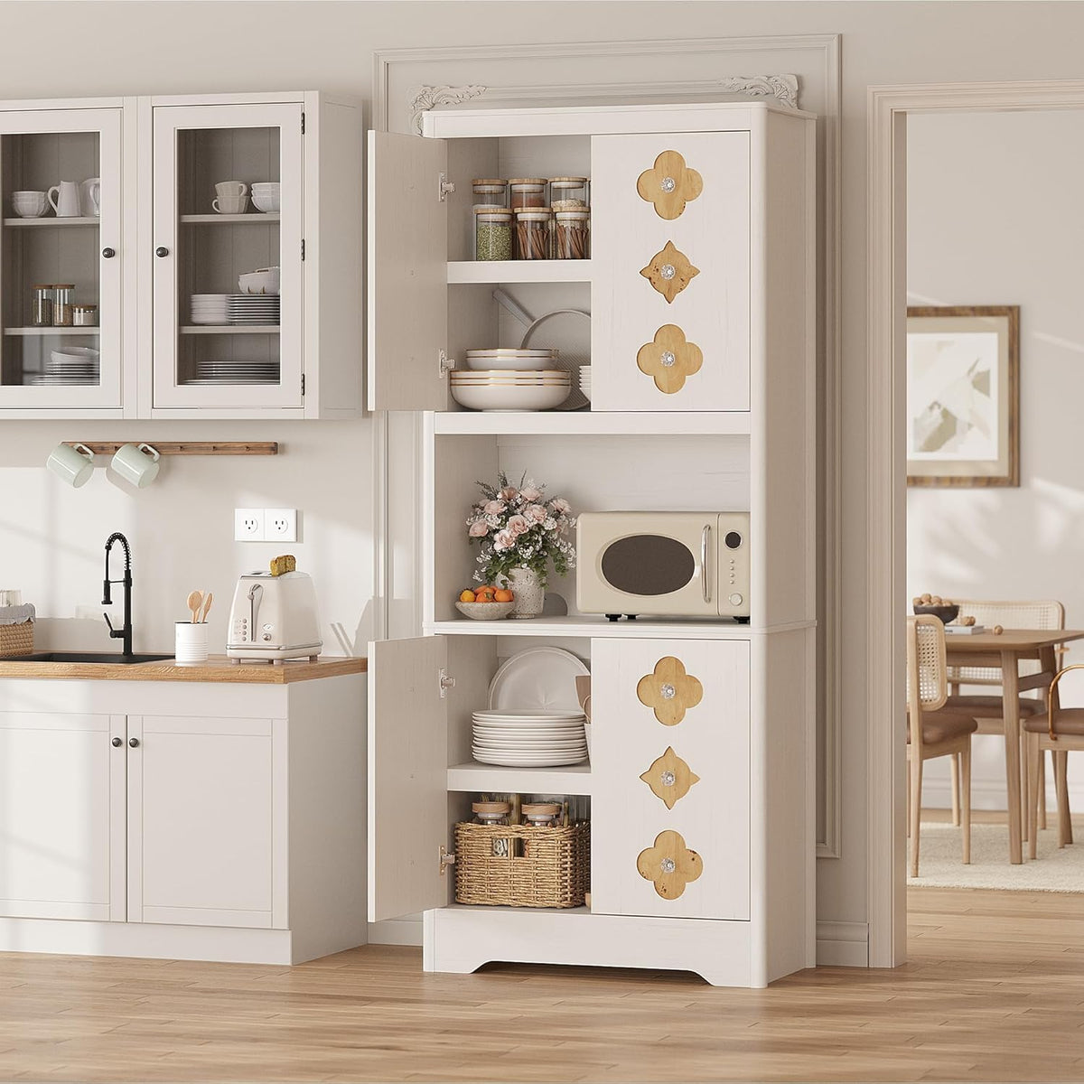 IDEALHOUSE Mid Century Modern Kitchen Pantry Cabinet, 72" Tall Storage Cabinet with Microwave Shelf, Wooden Freestand Cupboard with Carved Flower Door & Crystal Handle, for Dining Room
