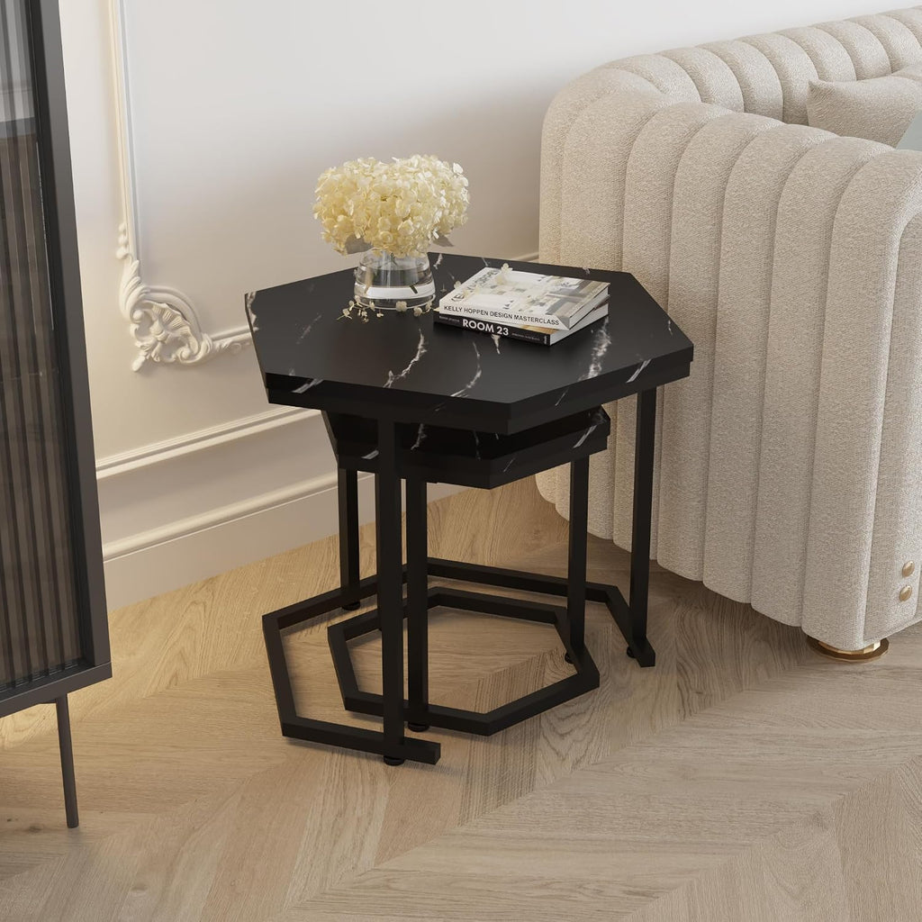 Hexagon Nesting Side Tables Set of 2, Black Marble | Space-saving hexagon nesting side tables set of 2, sturdy metal frame, waterproof MDF top, for living room bedroom
