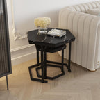 Hexagon Nesting Side Tables Set of 2, Black Marble | Space-saving hexagon nesting side tables set of 2, sturdy metal frame, waterproof MDF top, for living room bedroom