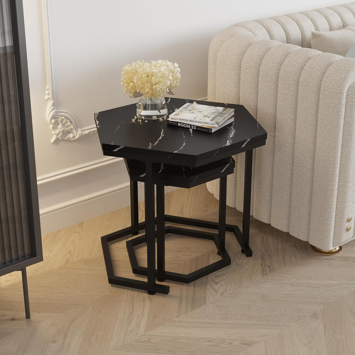 Hexagon Nesting Side Tables Set of 2, Black Marble | Space-saving hexagon nesting side tables set of 2, sturdy metal frame, waterproof MDF top, for living room bedroom