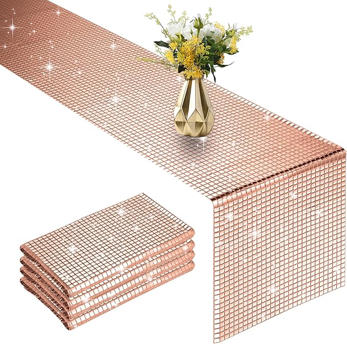 4 Packs Rose Gold Disco Table Runner, 12 x 108 Inches Glitter Silver Party Table Runners Mirror Foil Table Decor for 70s 80s Disco Bachelorette Dance Birthday Party
