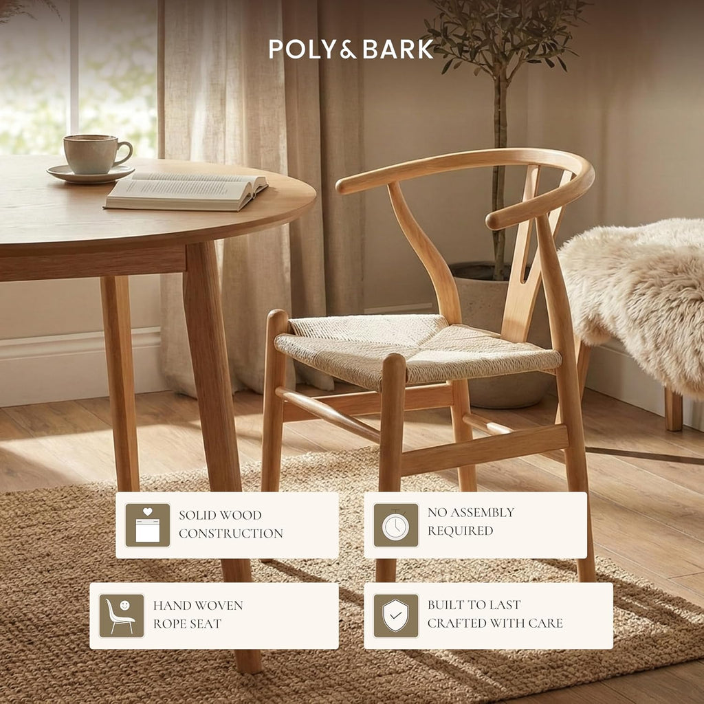 POLY & BARK Weave Dining Chair – Mid-Century Modern Wishbone Dining Chair with Arms, Solid Wood Frame, Indoor Use – Oak – Single - Ideal for Dining Room, Kitchen, or Stylish Accent Setting