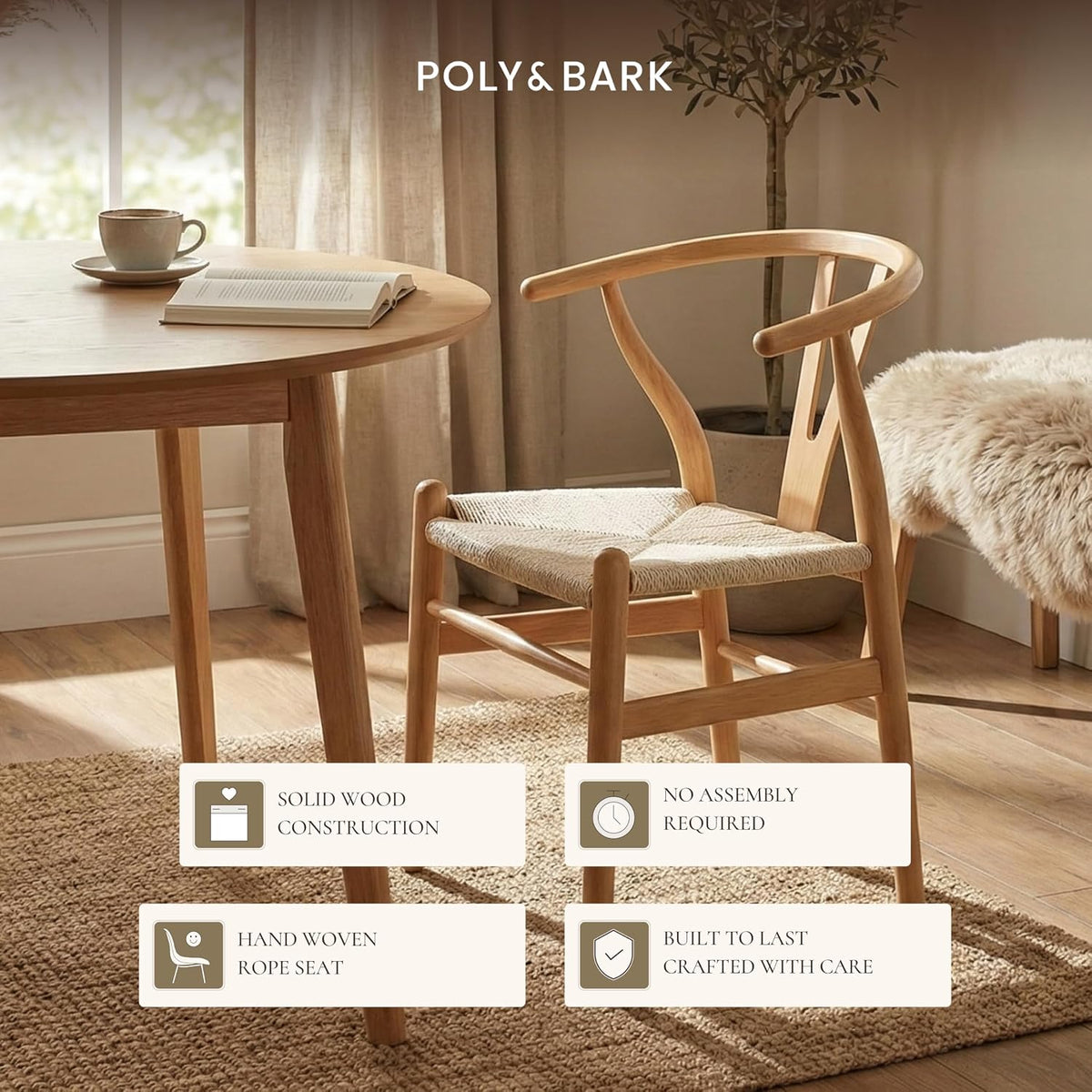 POLY & BARK Weave Dining Chair – Mid-Century Modern Wishbone Dining Chair with Arms, Solid Wood Frame, Indoor Use – Oak – Single - Ideal for Dining Room, Kitchen, or Stylish Accent Setting