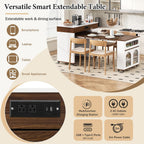 Extendable Dining Table with Extra-Long Folding Top, Rolling Kitchen Island with Storage Cabinet, Drawer, Glass Doors, Power Outlet and Brake Lock, Walnut/Creamy White