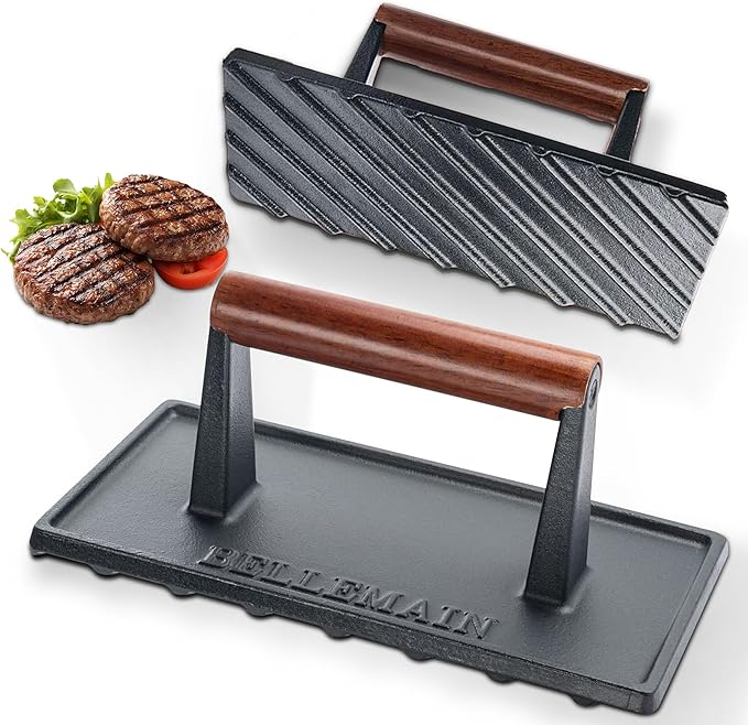 Bellemain Bacon Press Rectangle | Heavy-Duty Cast Iron Grill Press for Perfectly Seared Bacon, Steak & Sandwiches | Equalized Weight Distribution