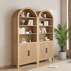 Janmer Home 71" Tall Boho Rattan Arched Bookcase with Doors, Natural