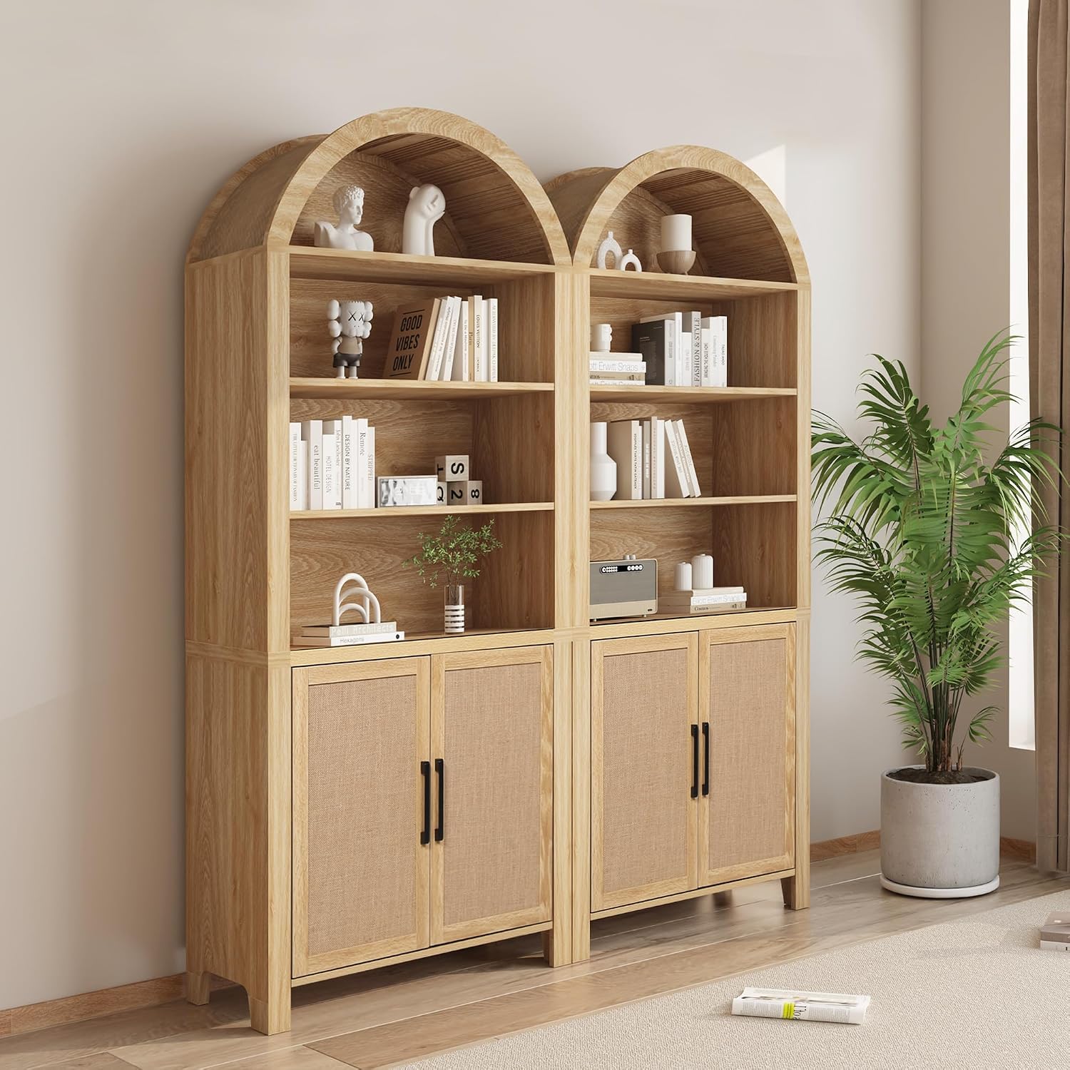 Janmer Home 71" Tall Boho Rattan Arched Bookcase with Doors, Natural