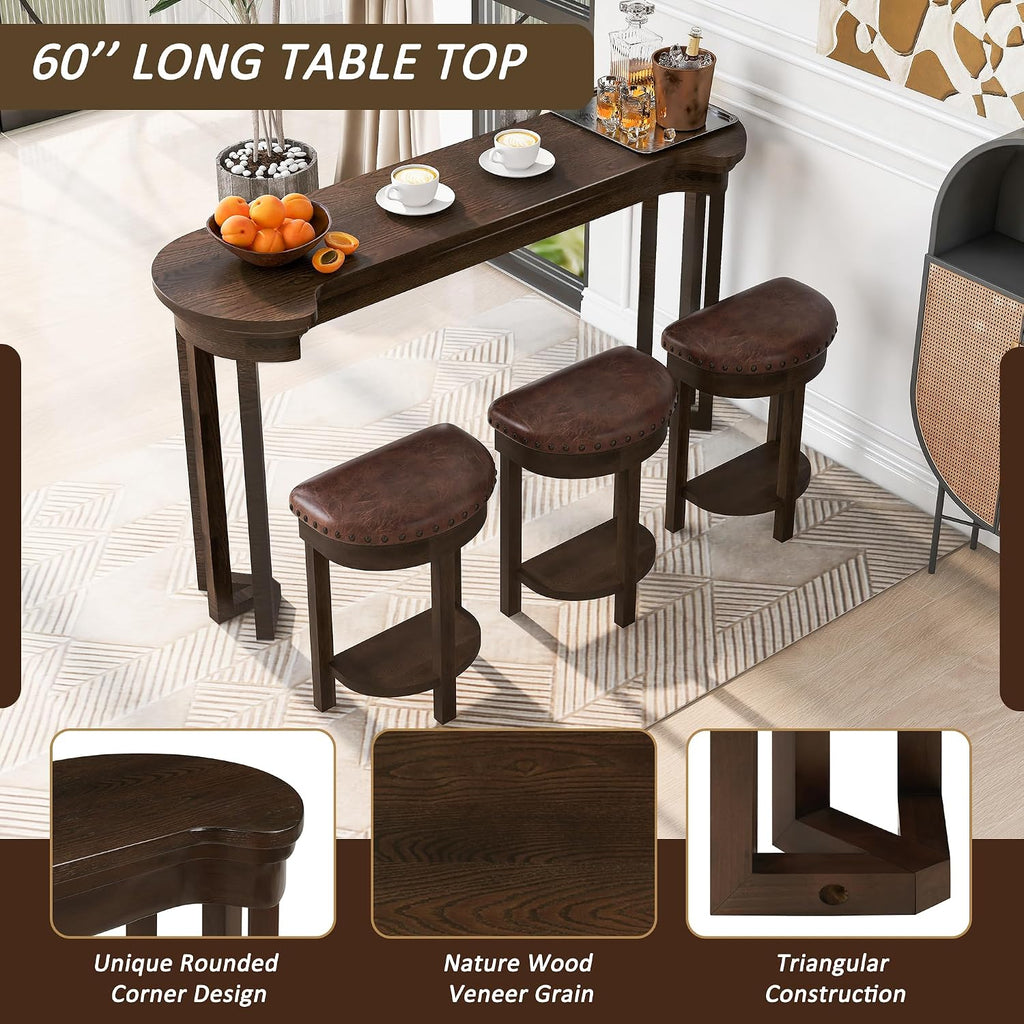 Merax 4 Piece Bar Table Set with 3 PU Upholstered Bar Stools, Solid Wood Counter Height Kitchen Table Set, Breakfast Table with 3 Padded Stools for Living Room, Dining Room, Espresso