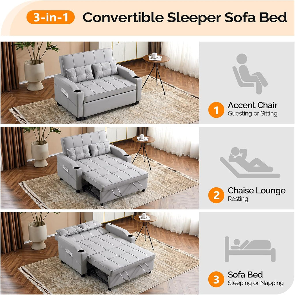 VINGLI Light Grey Futon Sofa Bed Convertible Loveseat Sleeper Couch, Faux Leather Pullout Sofa Fold Out Couch Bed with USB Ports, Cup Holders, Armrest for Living Room, Bedroom Apartment Room