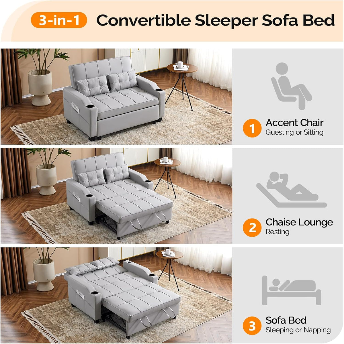 VINGLI Light Grey Futon Sofa Bed Convertible Loveseat Sleeper Couch, Faux Leather Pullout Sofa Fold Out Couch Bed with USB Ports, Cup Holders, Armrest for Living Room, Bedroom Apartment Room