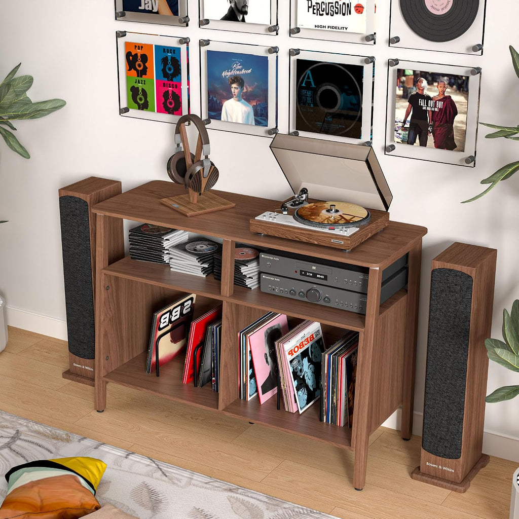 Mxtxmy Large Record Player Stand,with Open Storage Holds up to 300 Albums | Mid Century Turntable Stand Table,Vinyl Record Storage Display Shelf for Living Room Bedroom,Walnut