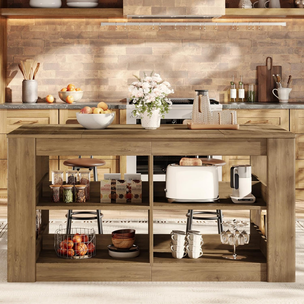 Tribesigns 63 Inch Kitchen Island with Seating and Storage, 3-Tier Farmhouse Stationary Island Table with Large Worktop & Leg Room, Coffee Bar Table with Shelves for Kitchen, Dining Room, Rustic Brown