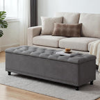51" Storage Ottoman Bench with Wooden Legs and Soft-Close, Grey | Large End of Bed Bench with Button Tufting, Metal Rivet Accents, Fabric Bedroom Chest for Entryway Living Room Window