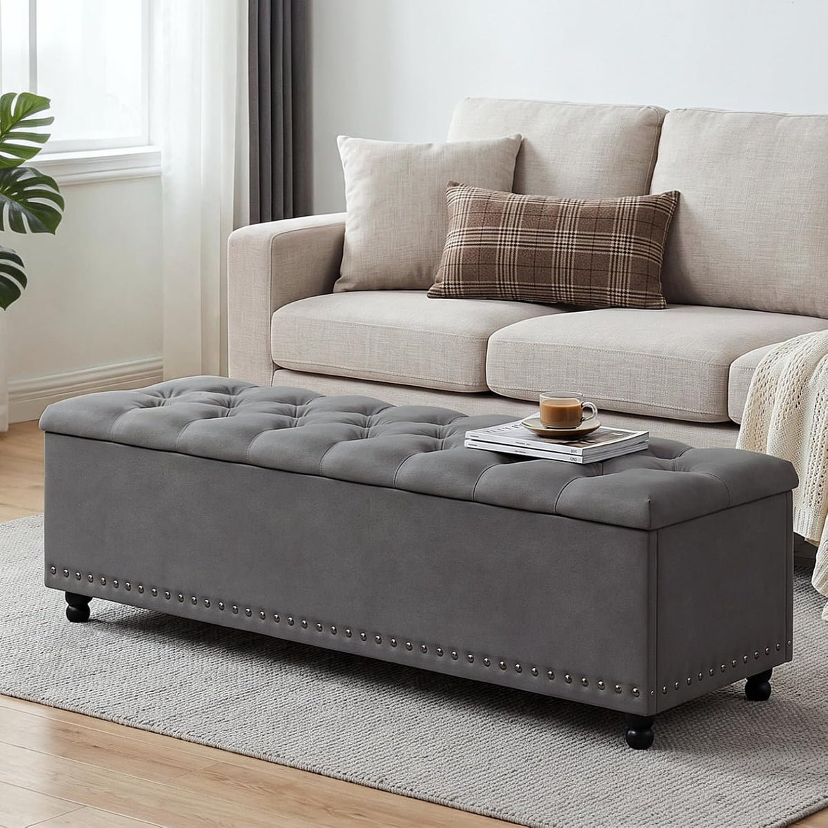 51" Storage Ottoman Bench with Wooden Legs and Soft-Close, Grey | Large End of Bed Bench with Button Tufting, Metal Rivet Accents, Fabric Bedroom Chest for Entryway Living Room Window