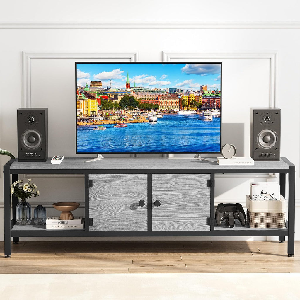 GarveeHome 58 in TV Stand with Storage, Entertainment Center with Adjustable Legs, TV Console up to 65 in, Wooden TV Stand with Open Shelves for Living Room, Bedroom, Light Grey