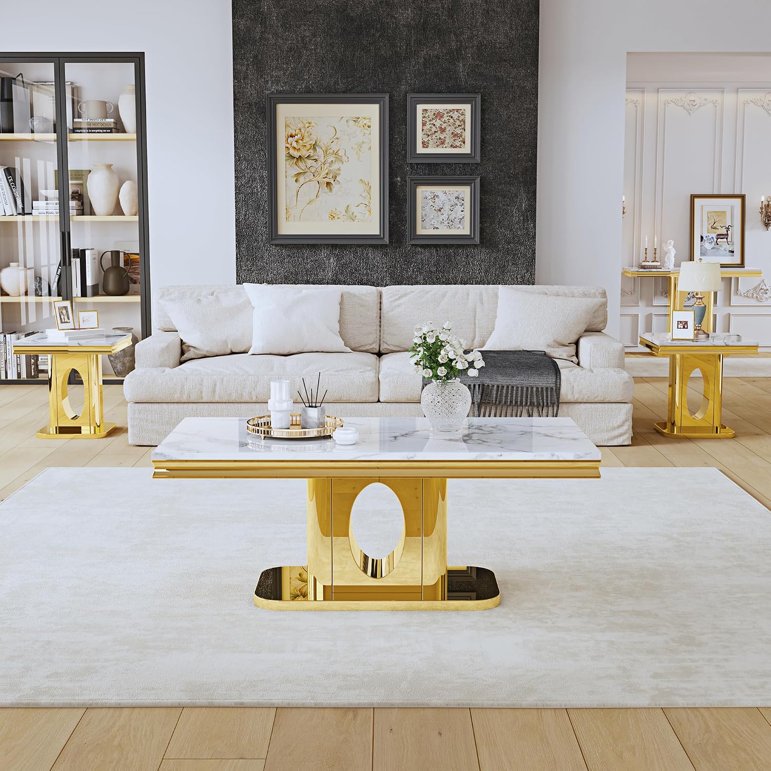 Luxury Square End Table, 23" White Faux Marble Top and Gold Mirror Stainless Steel Base, Modern Side Table for Living Room, Bedroom or Office