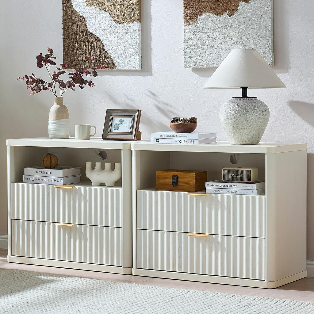 LEYAOYAO 31" Wide Fluted Nightstand Set of 2 with Charging Station, Oversized Extra Large 2 Drawers Night Stand, Antique White Bedside Table,Tall End Tables,Modern Chest of Drawer Dressers for Bedroom
