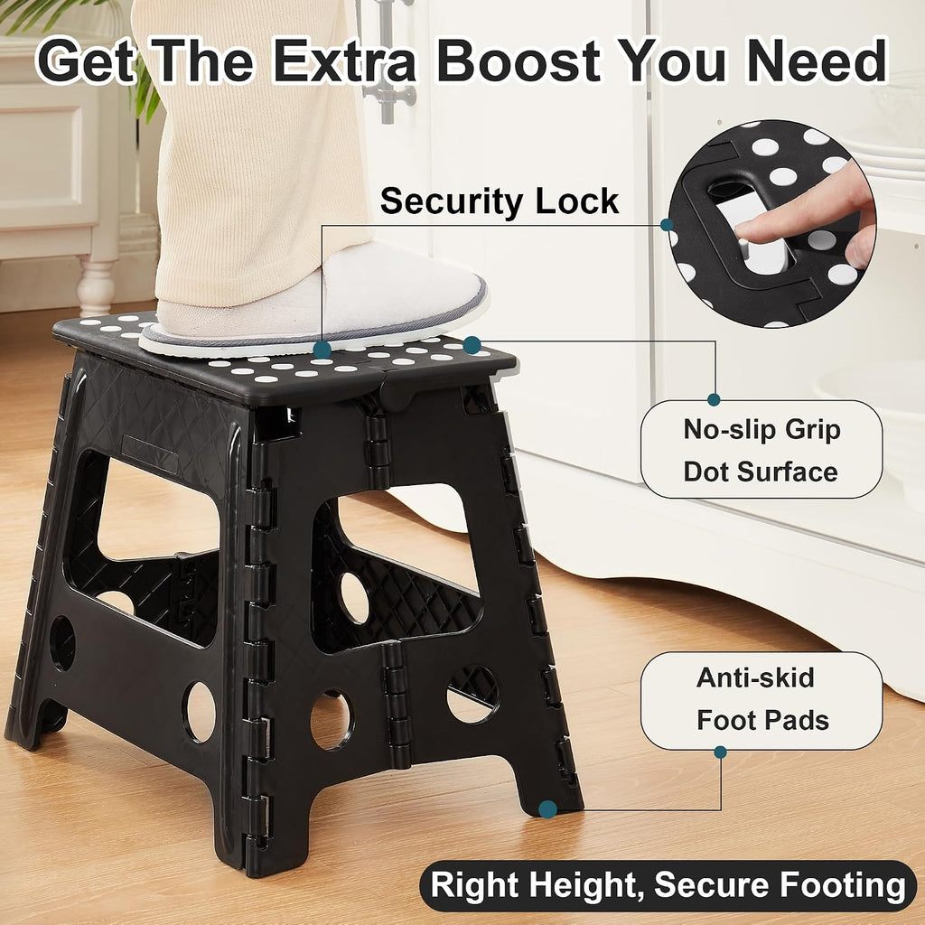 VECELO Folding Step Stool 13 Inch, Non-Slip Surface Portabl Foldable 1 Step Stool with Carry Handle, Heavy Duty to Support Kids/Toddler/Adults for Living Room Kitchen, Bathroom, Set of 2, Black