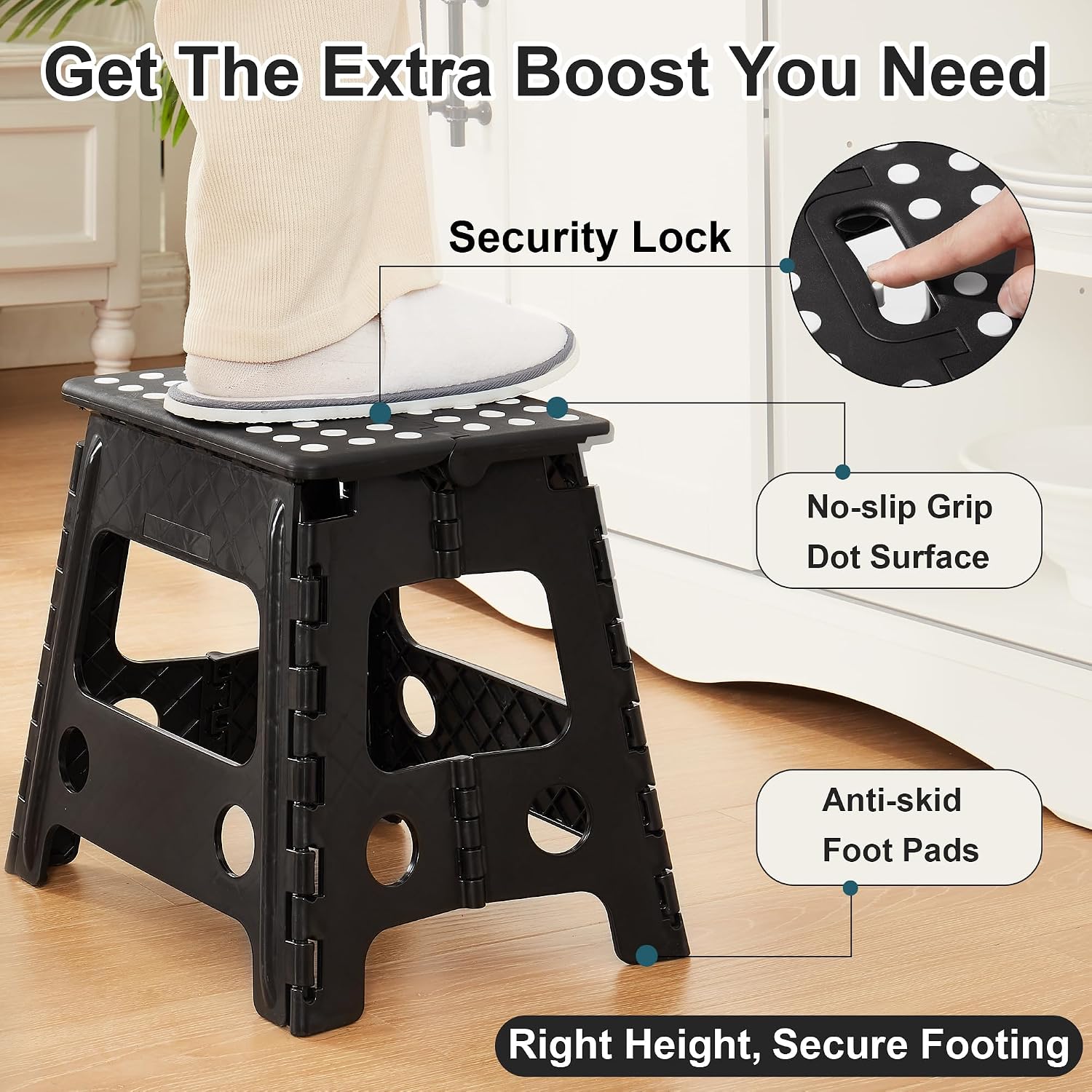 VECELO Folding Step Stool 13 Inch, Non-Slip Surface Portabl Foldable 1 Step Stool with Carry Handle, Heavy Duty to Support Kids/Toddler/Adults for Living Room Kitchen, Bathroom, Set of 2, Black