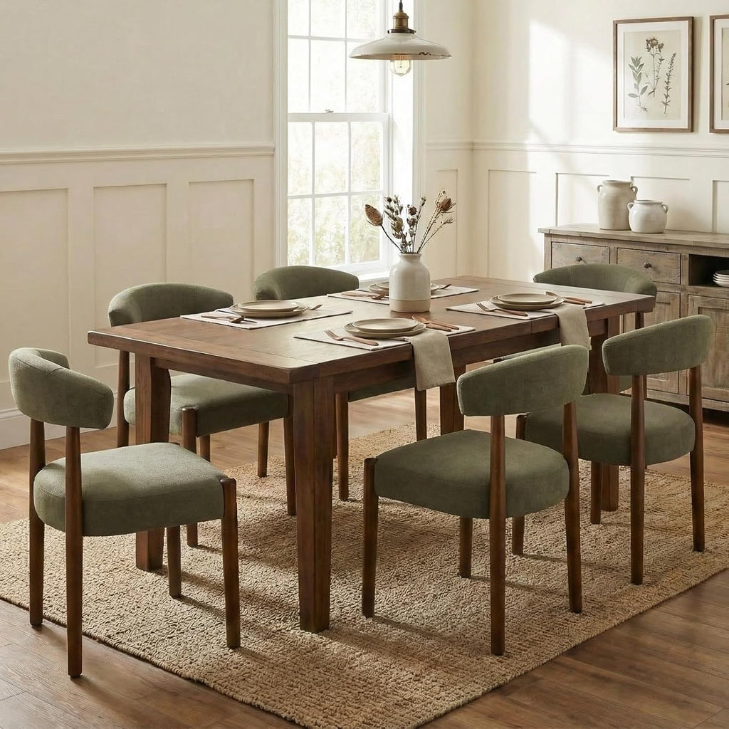 VKNOW Wooden Dining Chairs Set of 6 with Walnut Wood Legs and Curved Back | Mid Century Modern Upholstered Dining Room Chairs with Faux Mohair Fabric, Kitchen Chairs for Farmhouse, Dining Room, Green