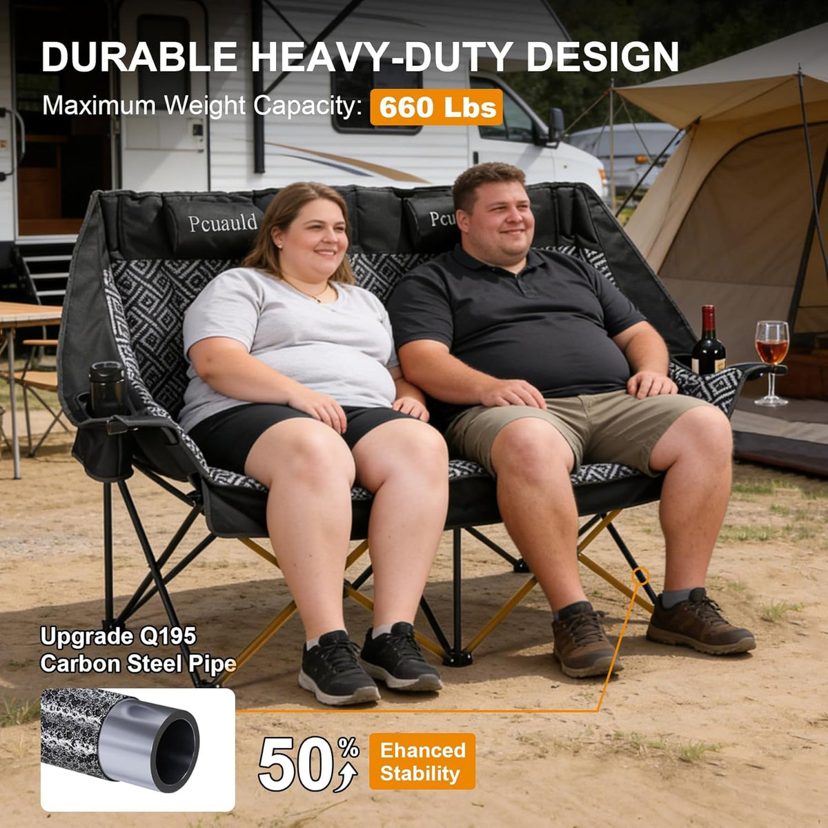High Back Double Camping Chair Padded Folding Loveseat with Adjustable Pillows Heavy Duty 2 Person Camping Lawn Chairs for Adults with Cup Holders & Wine Racks for Outdoor Sports Beach Fishing