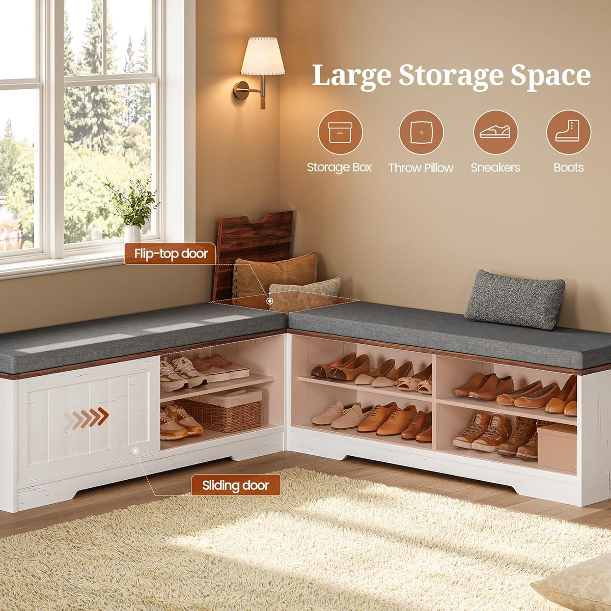 UPOSOJA Farmhouse L Shaped Corner Shoe Storage Bench with Cushion Entryway Shoe Rack with Slide Barn Doors, Adjustable Shelf and 1 Cabinet for Entryway Dining Room, Kitchen, Bedroom (White-Brown)