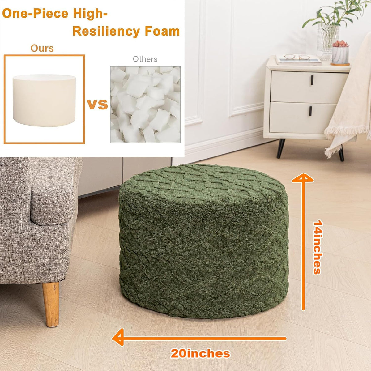 Round Foam Stuffed Pouf Ottoman Seamless All-One Foam Ottoman Foot Rest | Seamless All-One Foam,Modern Floor Pouf Foot Rest Seating For Living Room Bedroom or Couch Stylish Home Office Decor Accent
