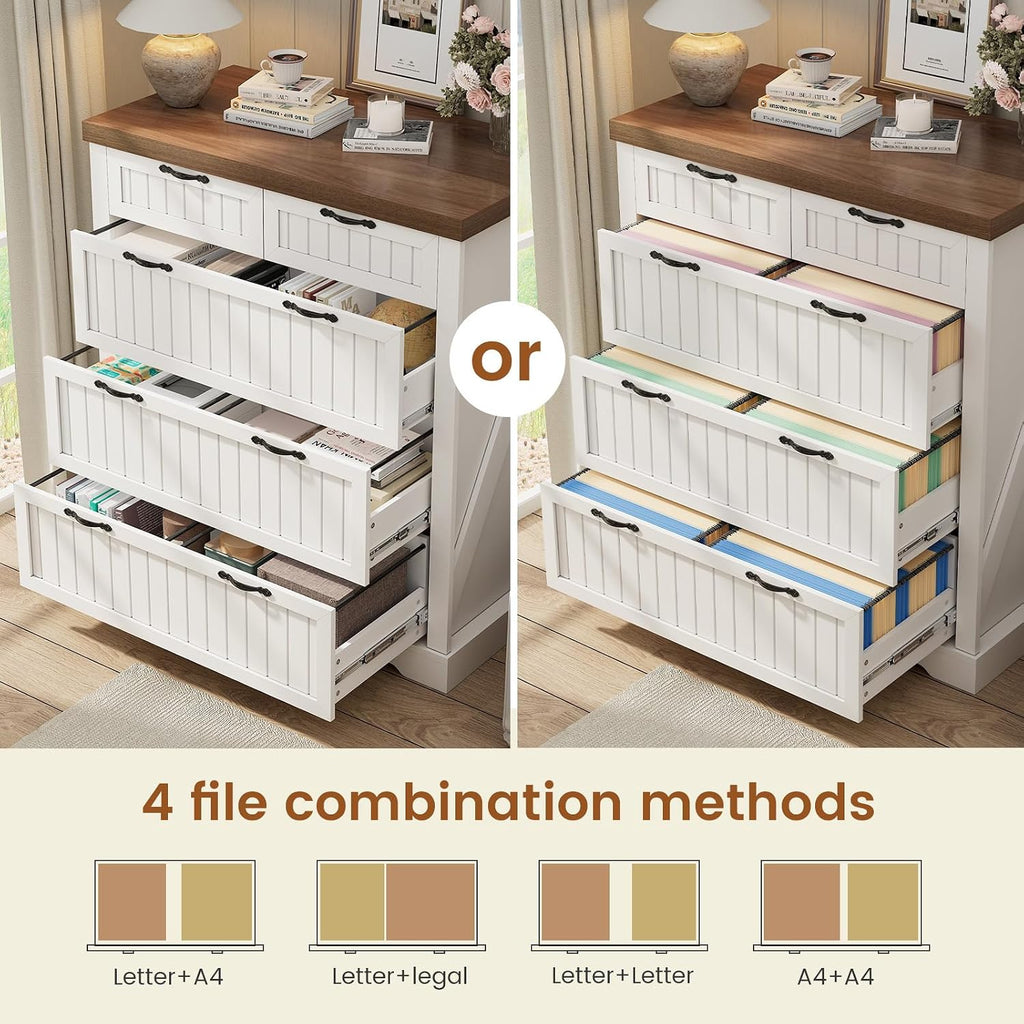 SEDETA Farmhouse File Cabinet with 5 Drawers, Filing Cabinet for Home Office, Wood Office File Cabinets for Letter/Legal/A4 Size, File Cabinets with Printer Stand, White and Brown