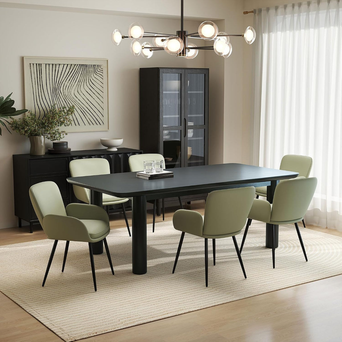 VKNOW Modern Faux Leather Dining Chairs Set of 6 with Armrest, Green | Armed Dining Room Chairs with Metal Legs, Kitchen Chairs for Restaurant Kitchen Living Room