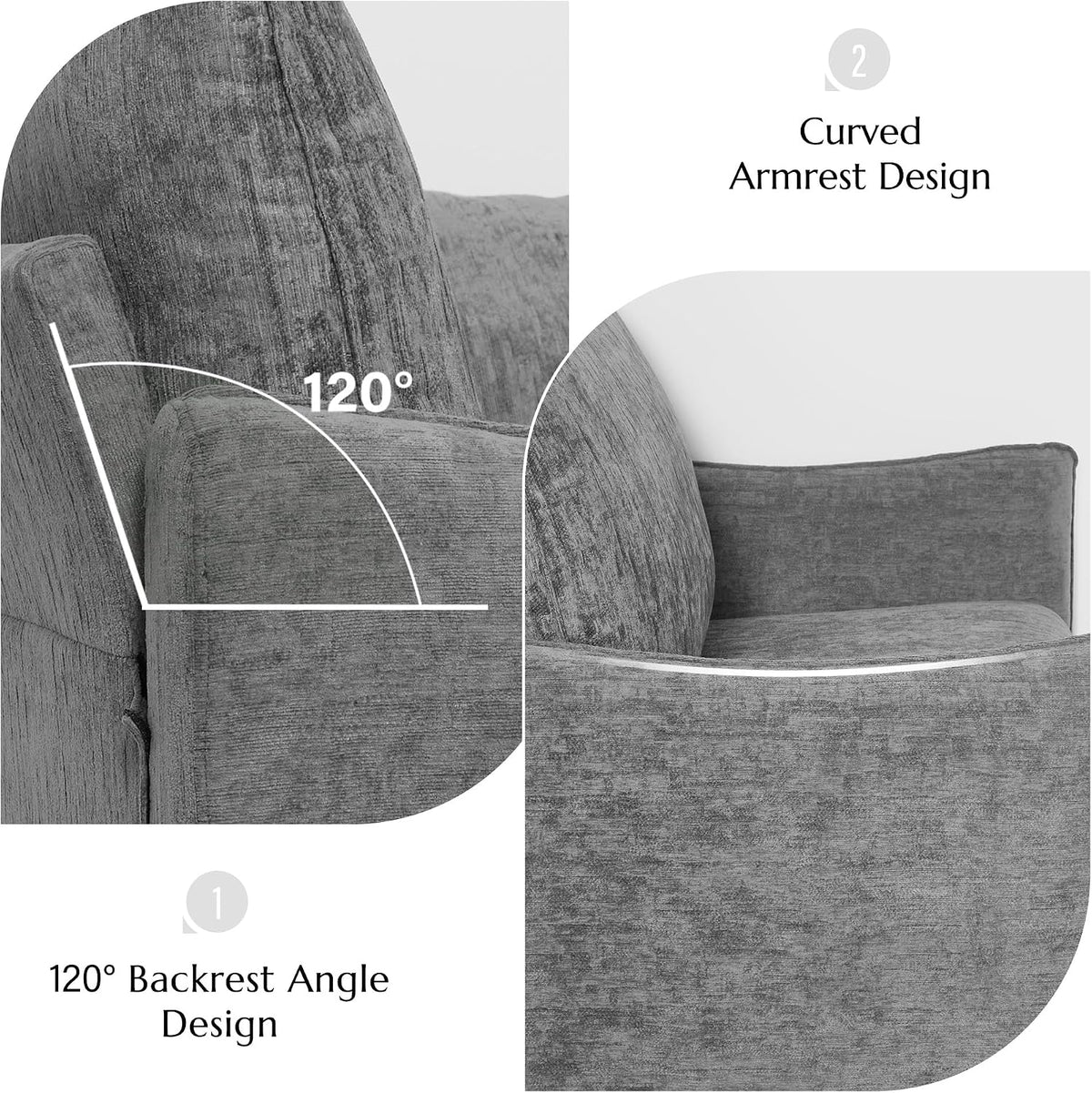 Elegant Oversized Accent Chair for Living Room, 42.1", Chenille, Gray | Modern Upholstered Piping Single Reading Armchair with Cushion Backrest and 2 Pillows for Bedroom, Office, Reception Area