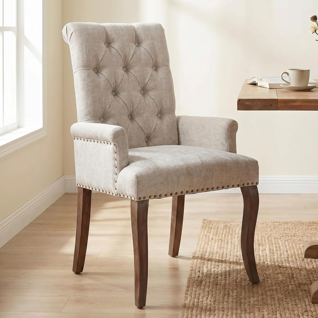 Upholstered Dining Chairs with Arms, Greyish Beige, 1 Pack | Tufted Chenille Kitchen Chairs with Arms, Modern Farmhouse Armchair with Nailhead Trim for Dining Room, Home Office