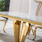 Henf White Gold Faux Marble Dining Table Set for 6, Modern 7-Piece Dining Table Set with 6 Upholstered Chairs, 68" Large Long Marble Kitchen Dining Room Table and Chairs with Stainless Steel Base