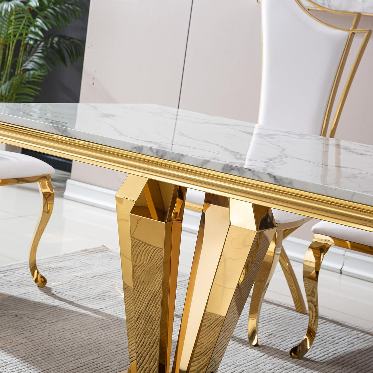 Henf White Gold Faux Marble Dining Table Set for 6, Modern 7-Piece Dining Table Set with 6 Upholstered Chairs, 68" Large Long Marble Kitchen Dining Room Table and Chairs with Stainless Steel Base